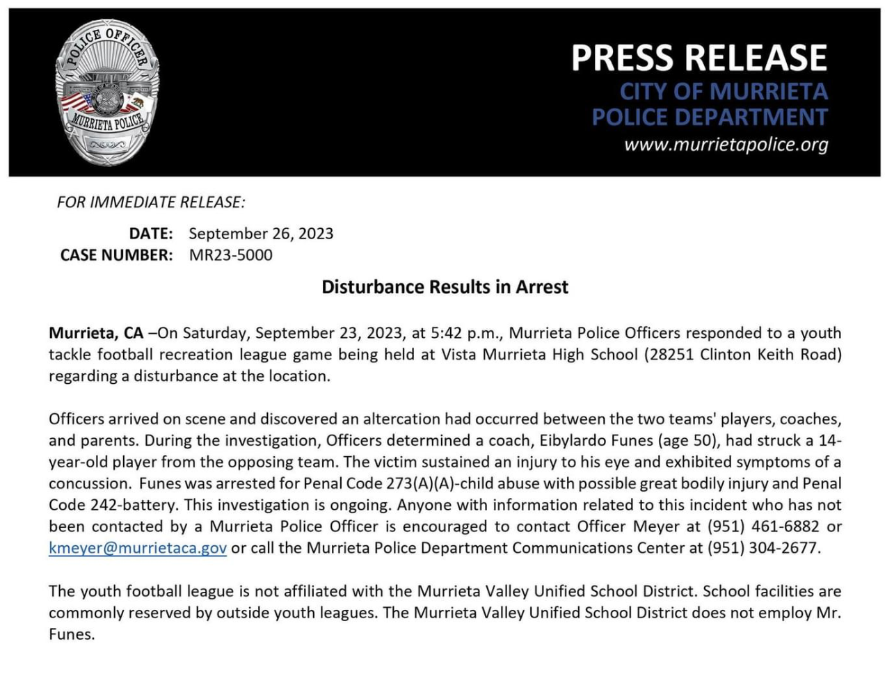 Youth football coach arrested in Murrieta after striking 14-year-old ...
