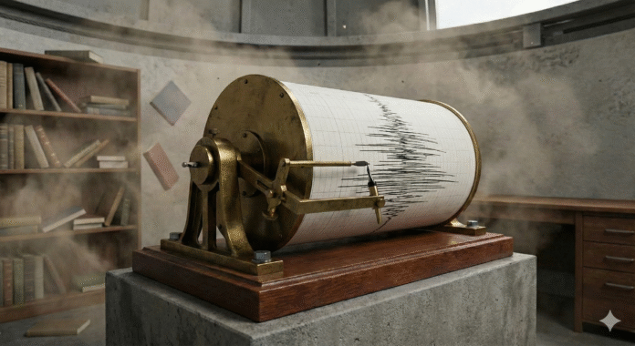 AI generated seismograph in a library with books falling from the shelves and dust in the air as an earthquake rumbles