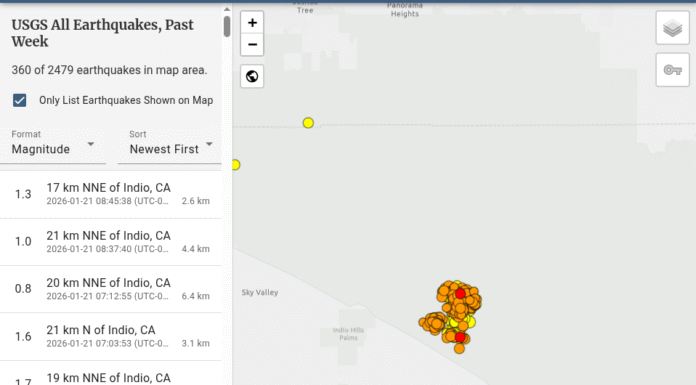 Aftershocks persist following Monday’s 4.9 magnitude Indio earthquake; 4.3 magnitude temblor strikes Wednesday U.S. Geological Survey map showing cluster of earthquakes near Indio.