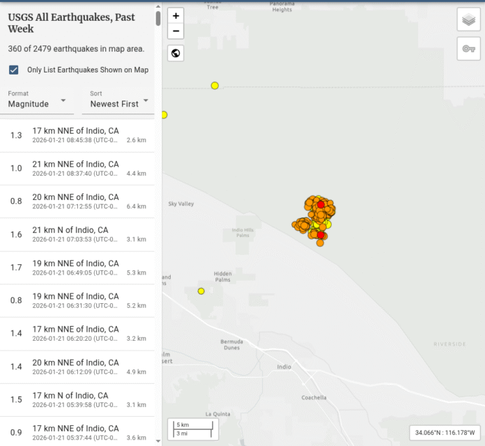 U.S. Geological Survey map showing cluster of earthquakes near Indio.