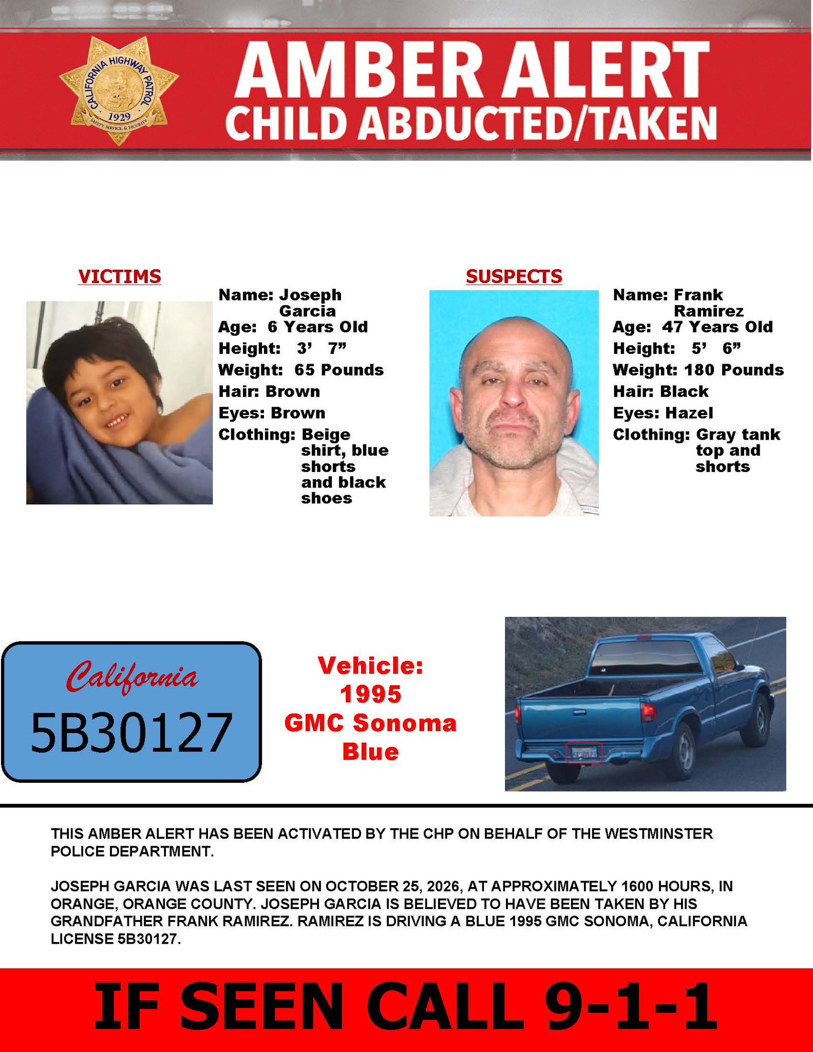 Amber Alert issued for 6-year-old boy abducted from Westminster